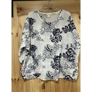 Cynthia Rowley Blouse Size 3XL White 100% Cotton Navy Blue Embroidered Floral
